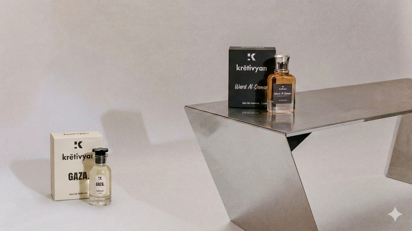 Two perfume bottles and their packaging on a metallic surface with a neutral background